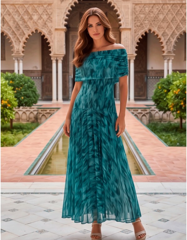 Longue robe midi dans les tons d'aqua avec encolure multipositions