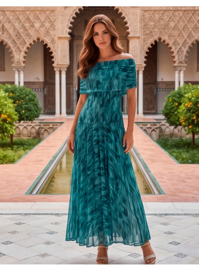 Long midi dress in aqua tones with multiposition neckline