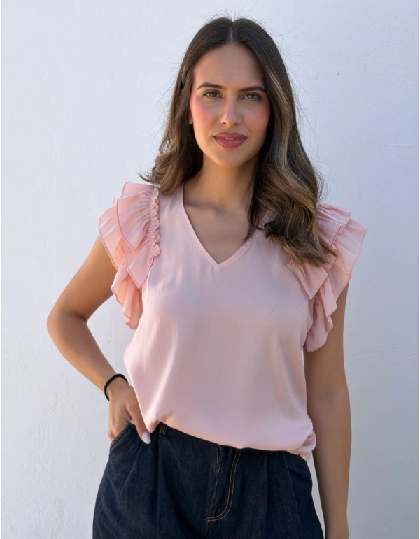Blouse with subtle V-neckline and ruffled sleeves
