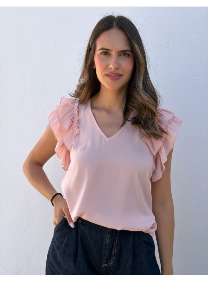 Blouse with subtle V-neckline and ruffled sleeves