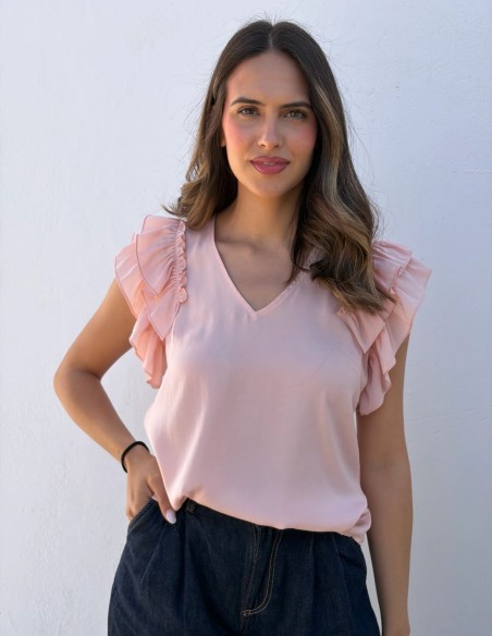 Blouse with subtle V-neckline and ruffled sleeves
