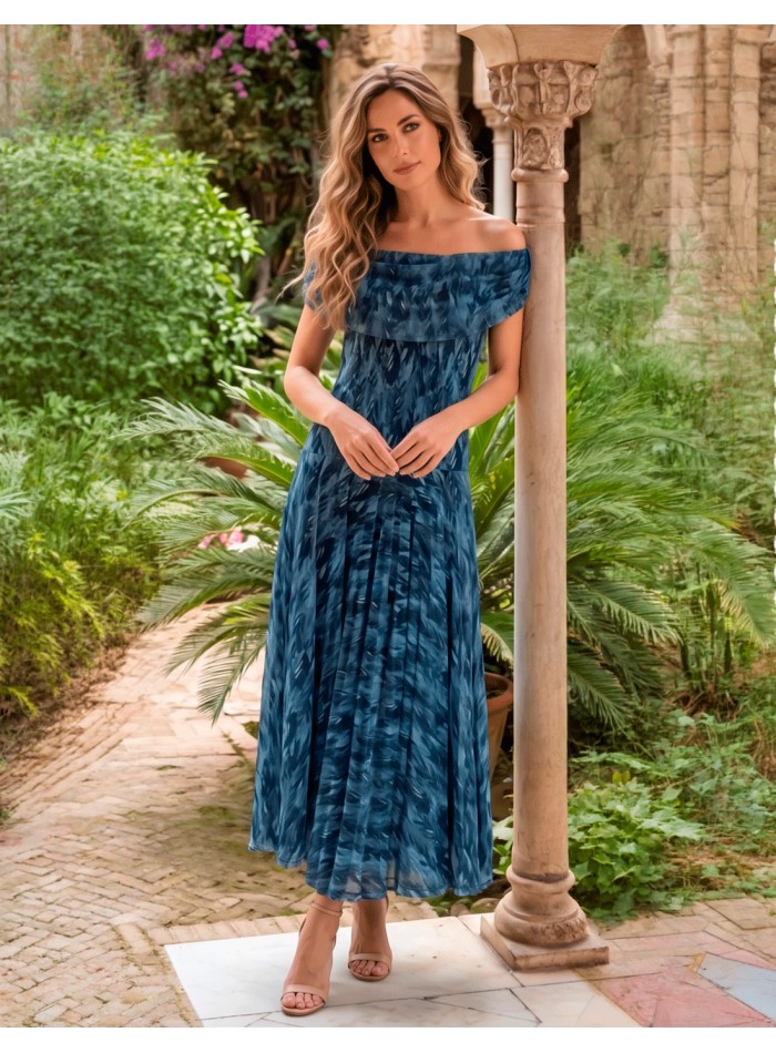 Longue robe midi dans les tons de bleu marine avec encolure multipositions