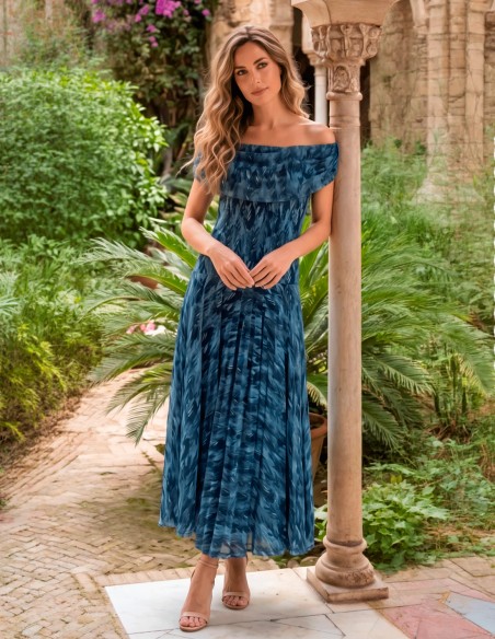 Longue robe midi dans les tons de bleu marine avec encolure multipositions