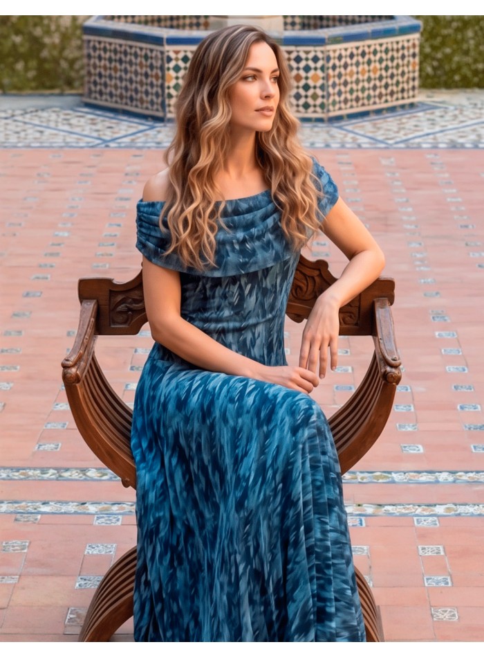Longue robe midi dans les tons de bleu marine...