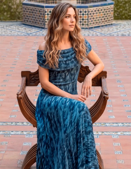 Midi dress in navy blue tones with multiposition neckline