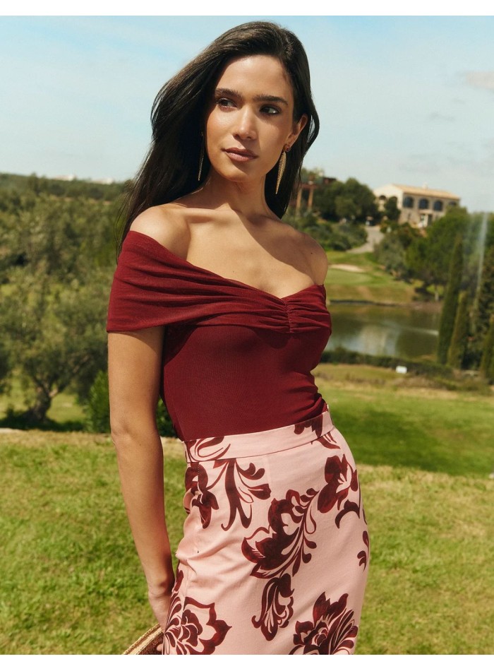 Maroon tulle top with draped bardot neckline