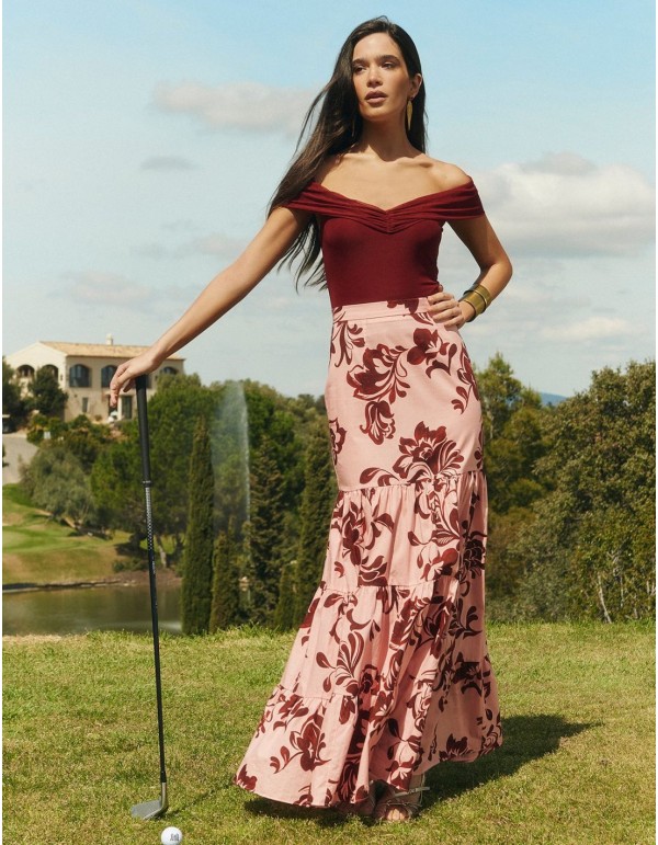 Top en tulle marron avec encolure bardot drapée 2