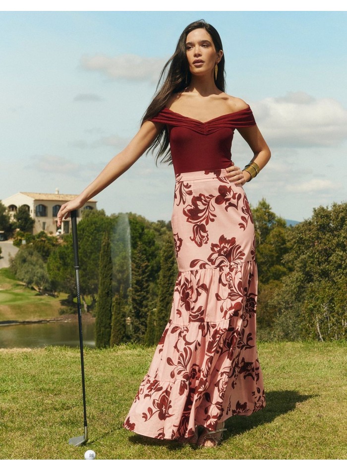 Top en tulle marron avec encolure bardot drapée