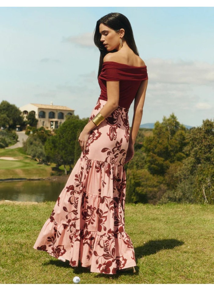 Maroon tulle top with draped bardot neckline