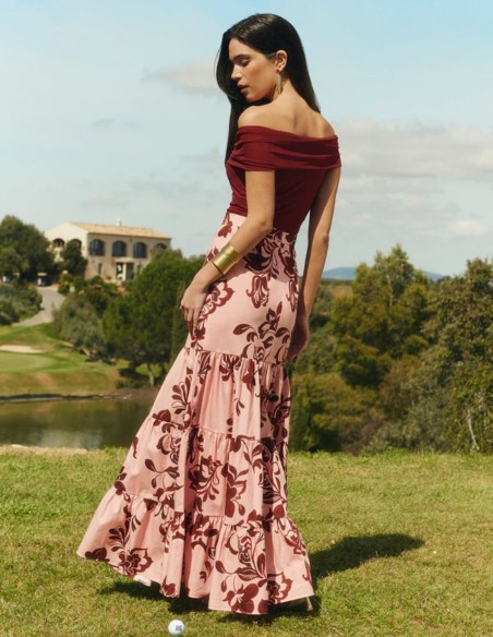 Maroon tulle top with draped bardot neckline
