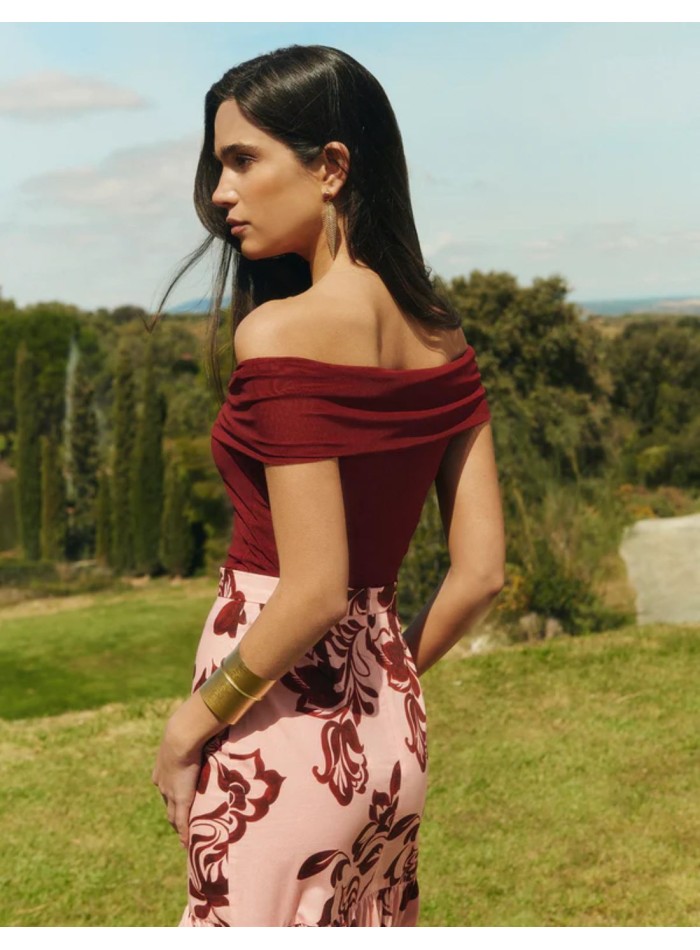 Maroon tulle top with draped bardot neckline