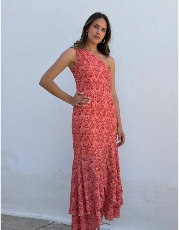Printed midi dress in coral tones with asymmetrical neckline 2