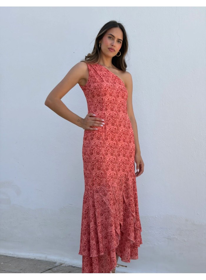 Robe midi imprimée dans les tons corail avec...