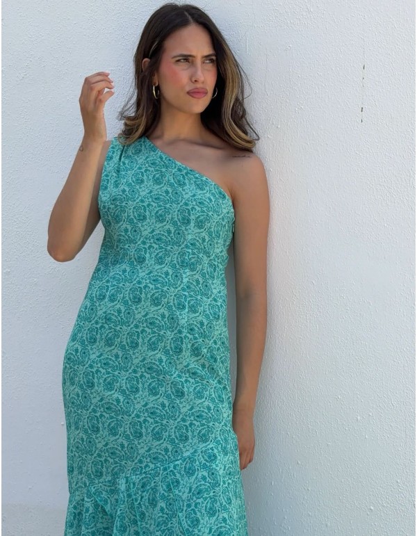 Printed midi dress in aqua green tones with asymmetrical... 2