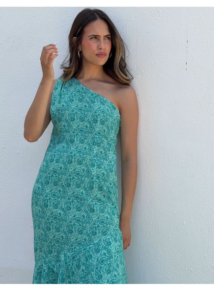 Vestido midi estampado en tonos verde agua con escote asimétrico