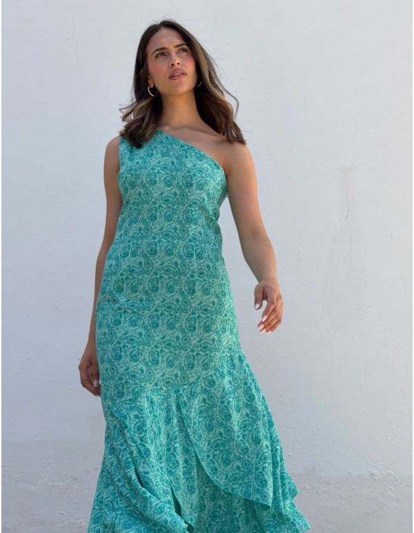 Printed midi dress in aqua green tones with asymmetrical...