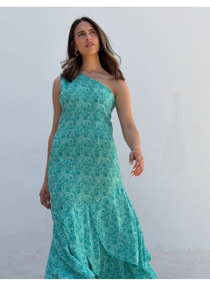 Printed midi dress in aqua green tones with...