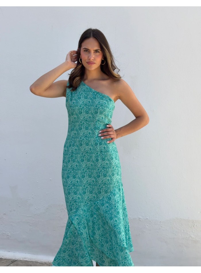 Printed midi dress in aqua green tones with...