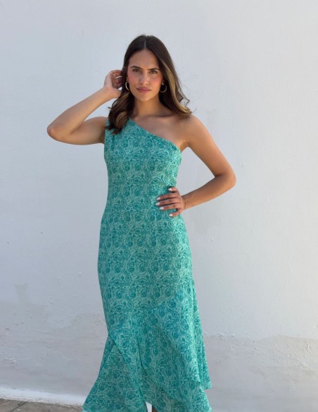 Printed midi dress in aqua green tones with asymmetrical neckline