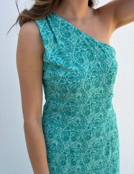 Robe midi imprimée dans les tons vert d'eau avec encolure asymétrique