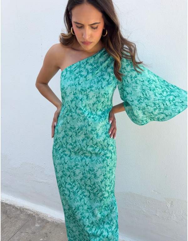 Robe midi imprimée turquoise à encolure asymétrique 2