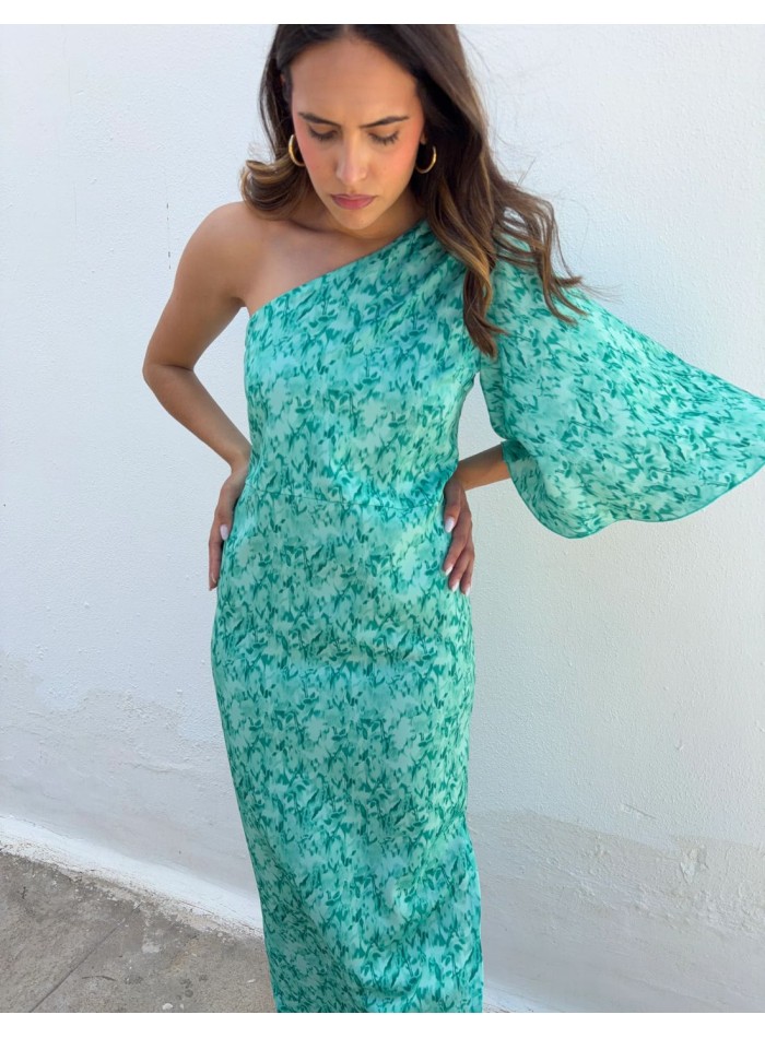 Vestido midi estampado en tonos turquesa con escote asimétrico