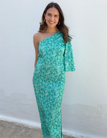 Printed midi dress in turquoise tones with asymmetrical neckline