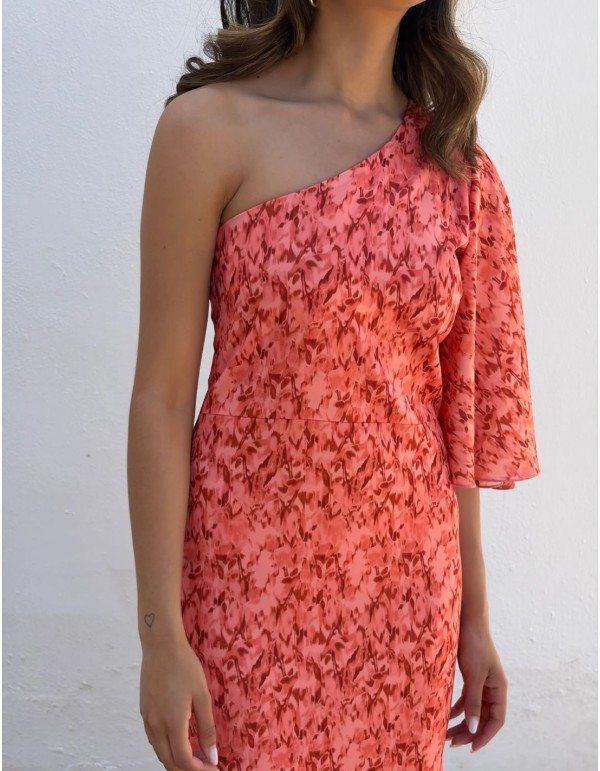 Printed midi dress in coral tones with asymmetrical neckline 2