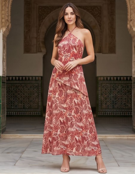 Pink floral midi halter neck midi dress for guest