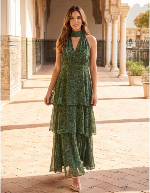 Vestido midi estampado verde fluido con volantes para...