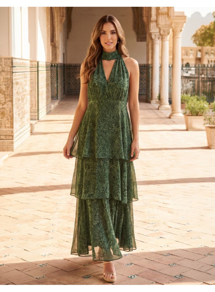 Vestido midi estampado verde fluido con...