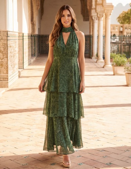 Robe midi fluide verte imprimée avec volants pour l'invitée