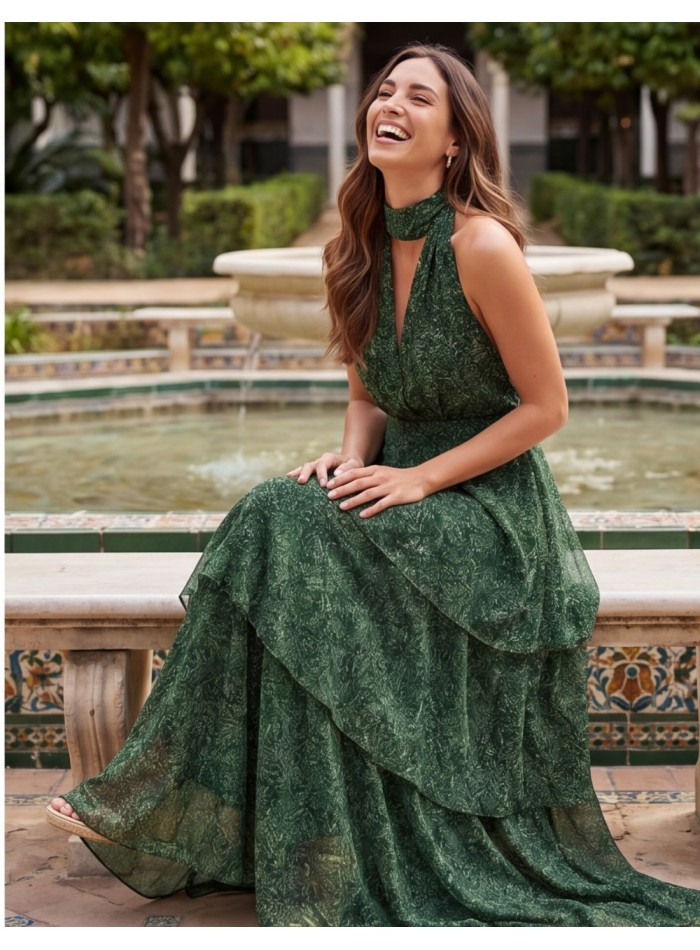 Fluid green printed midi dress with ruffles for...