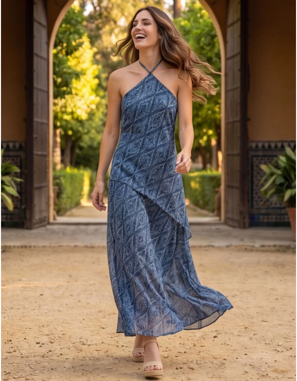 Vestido midi estampado azul con cuello halter para invitada