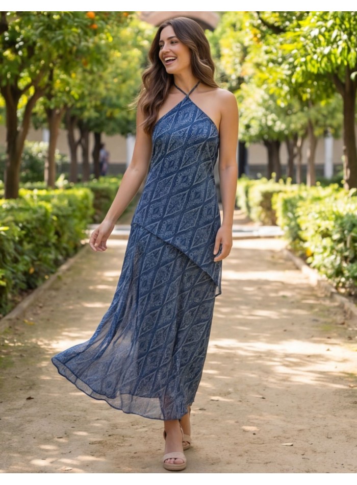 Robe midi à col licou imprimée bleue pour invitée