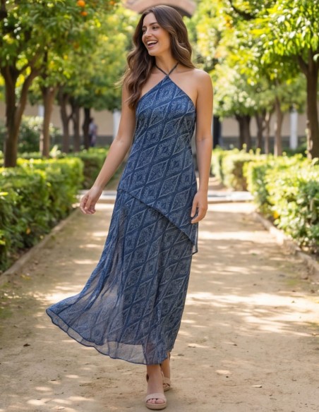 Robe midi à col licou imprimée bleue pour invitée
