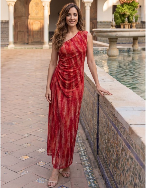 Vestido midi estampado en tonos rojos asimétrico con...