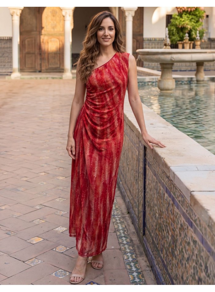 Robe midi asymétrique rouge imprimée et drapée