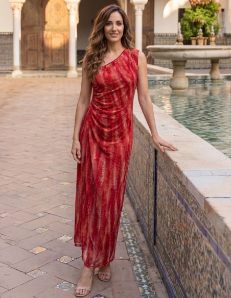 Robe midi asymétrique rouge imprimée et drapée