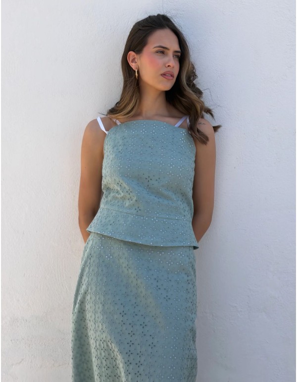 Ensemble deux pièces, haut et jupe midi, vert jade