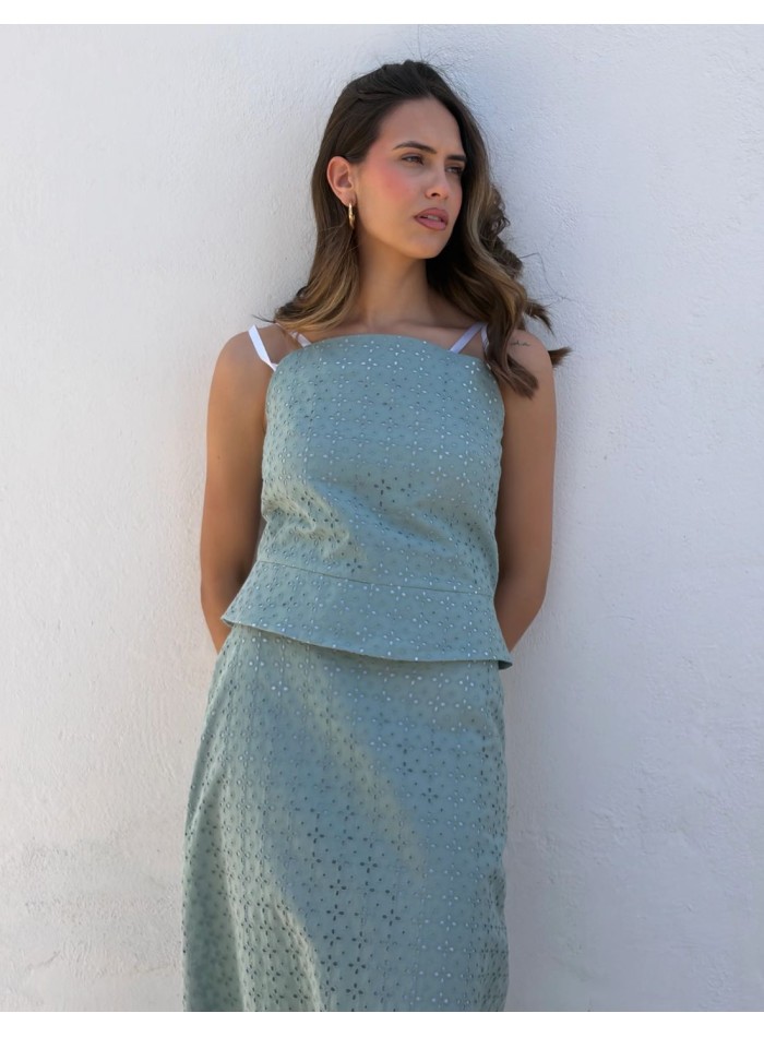 Two-piece jade green jade top and midi skirt set