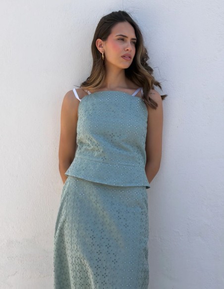 Two-piece jade green jade top and midi skirt set