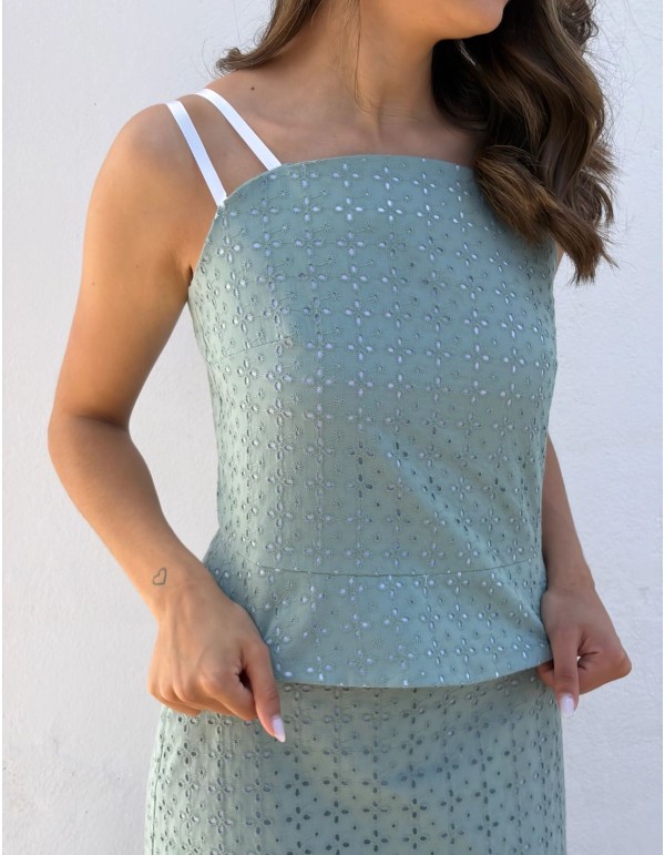 Ensemble deux pièces, haut et jupe midi, vert jade 2