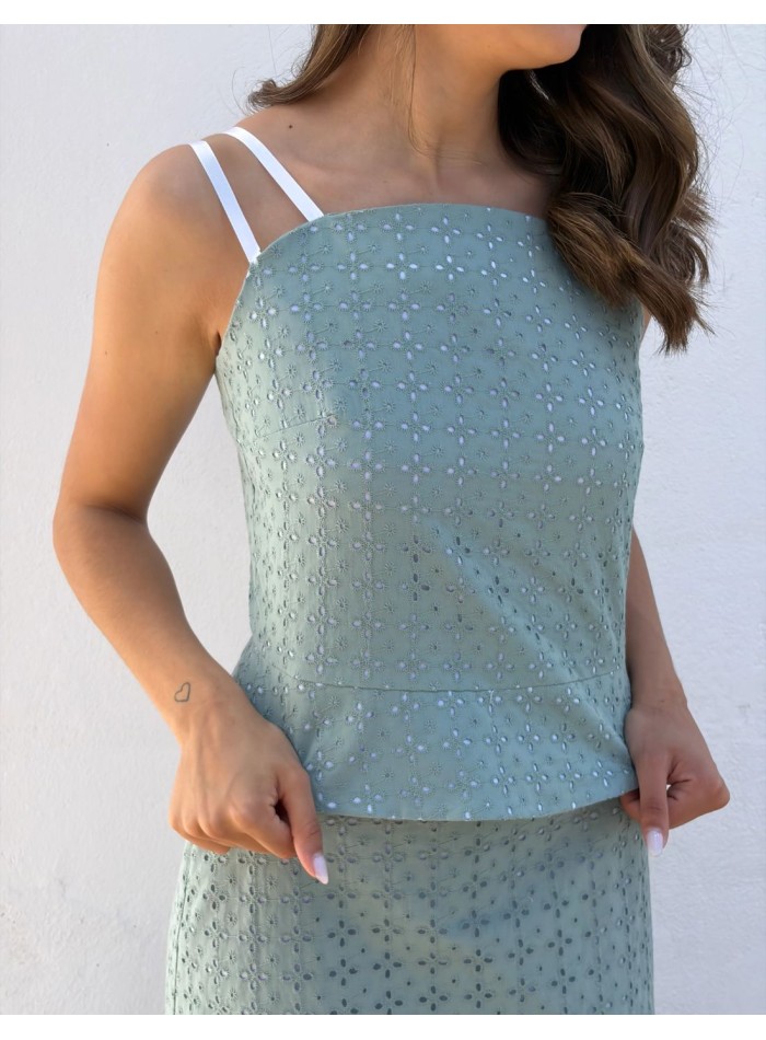Ensemble deux pièces, haut et jupe midi, vert jade