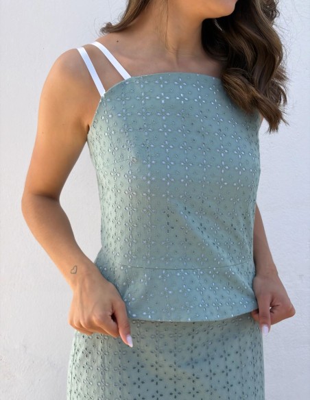 Ensemble deux pièces, haut et jupe midi, vert jade