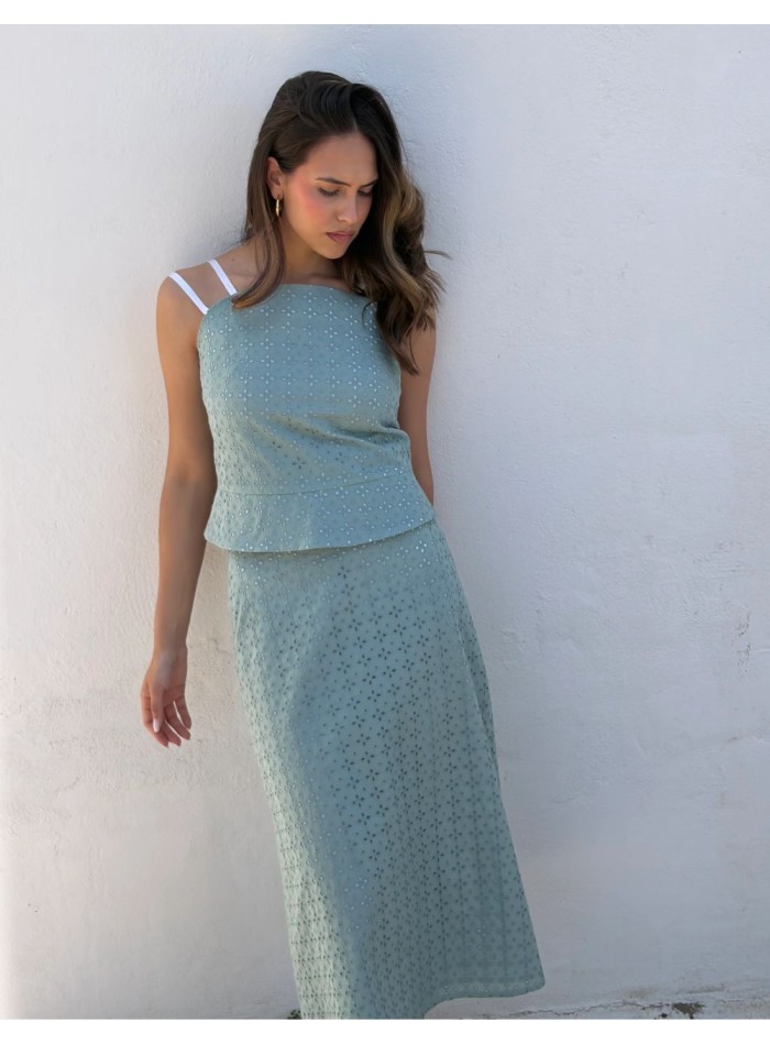 Ensemble deux pièces, haut et jupe midi, vert jade