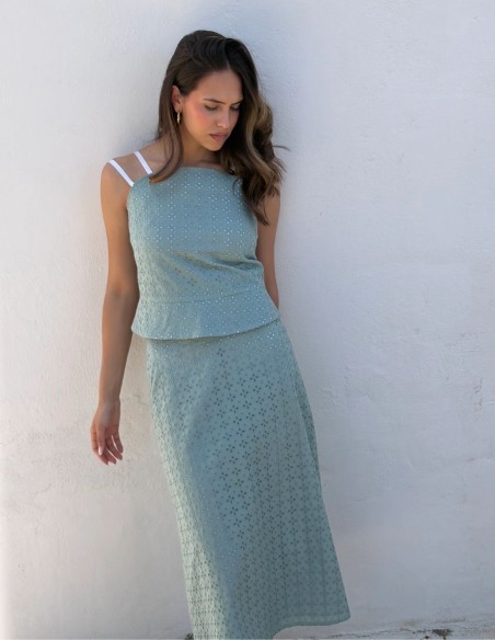 Two-piece jade green jade top and midi skirt set