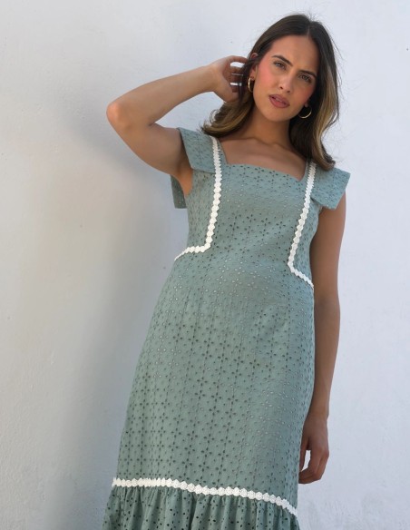 Jade green midi dress with swiss embroidery and white details