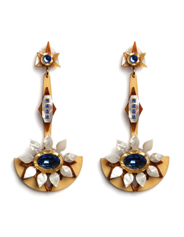 Long gold earrings with blue cubic zirconia stones