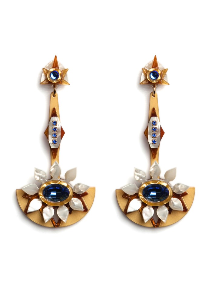 Long gold earrings with blue cubic zirconia stones